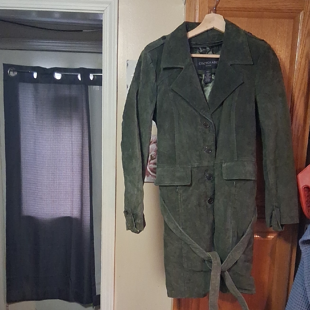 Centigrade Suade Belted Olive Green Trenchcoat